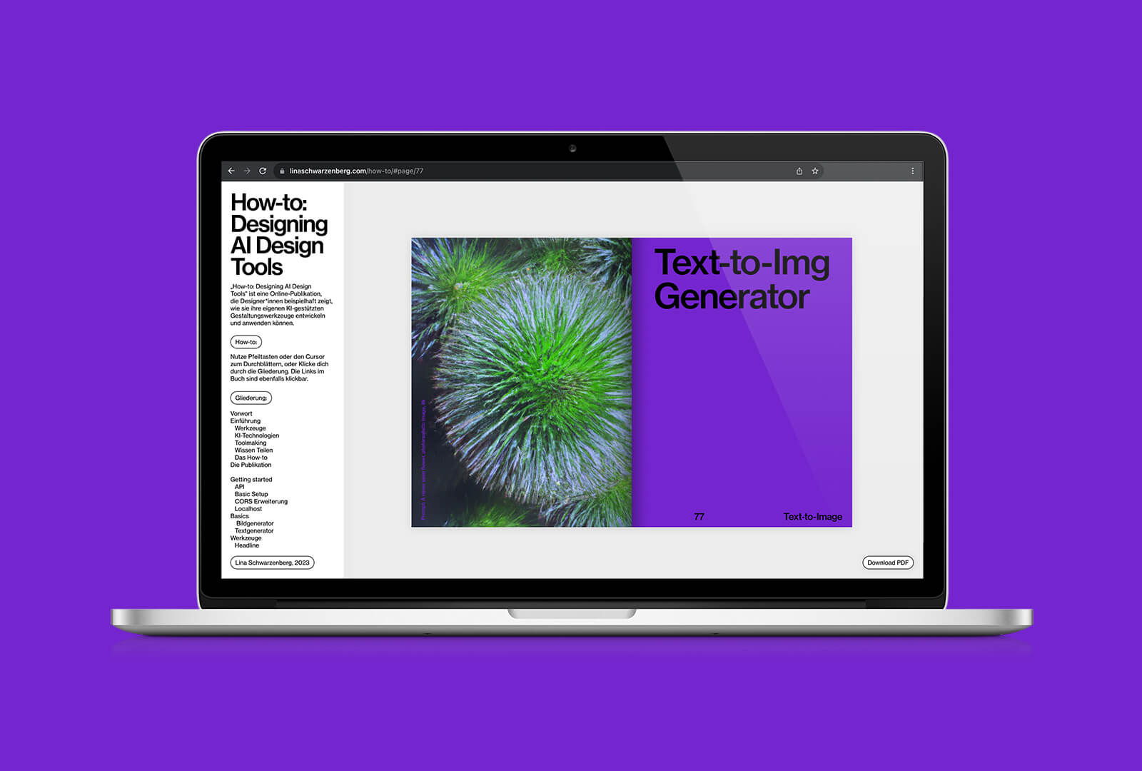 Auf lila Grund sieht man einen aufgeklappten Laptop mit geöffneter Webseite "How-to: Designing AI Design Tools"